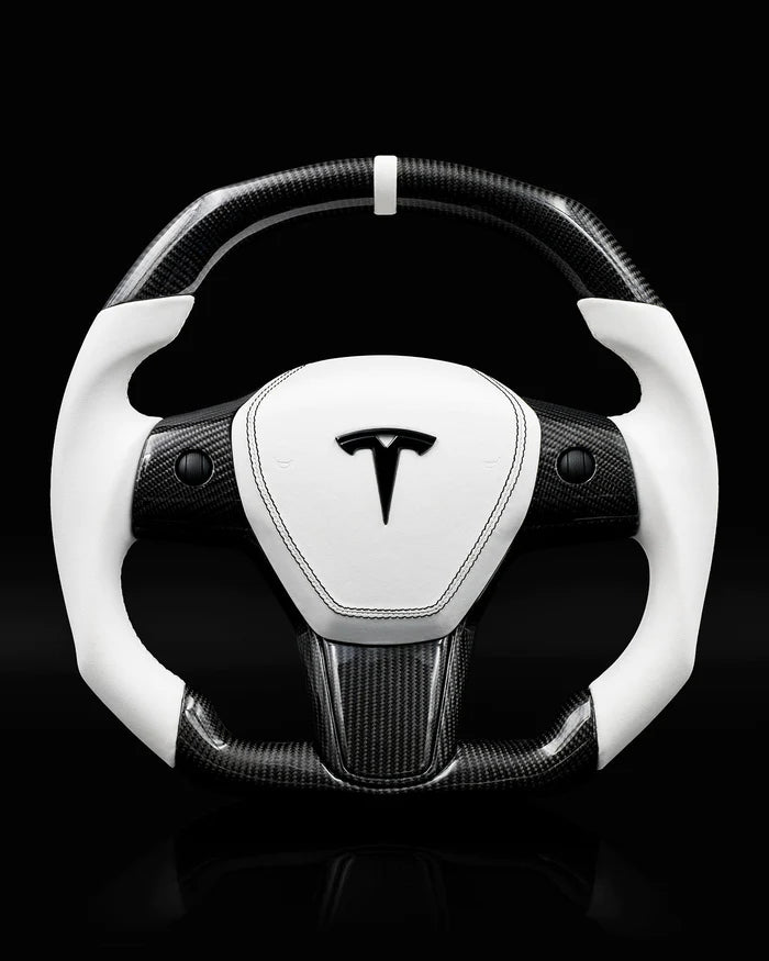 Sixth Element TESLA MODEL Y / MODEL 3 WHITE LEATHER FLAT BOTTOM STORMTROOPER GLOSS CARBON STEERING WHEEL - iCBL