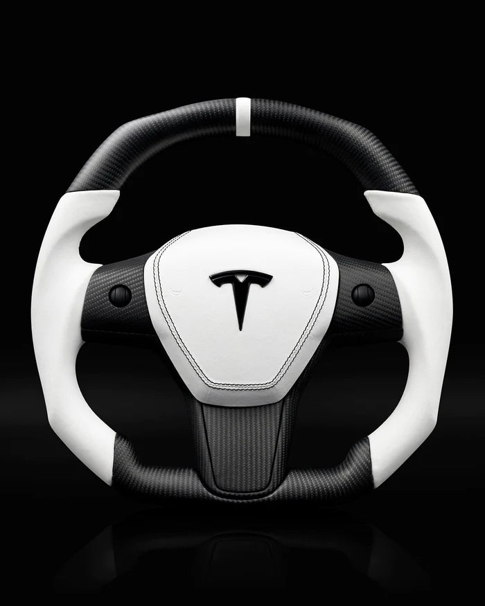Sixth Element TESLA MODEL Y / MODEL 3 WHITE LEATHER FLAT BOTTOM STORMTROOPER GLOSS CARBON STEERING WHEEL - iCBL