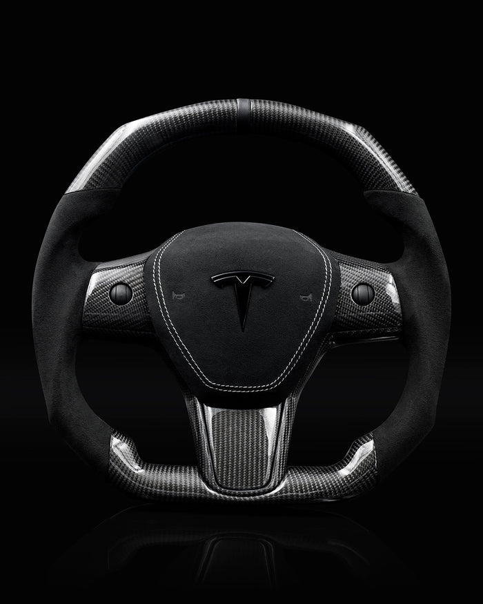 Sixth Element TESLA MODEL Y / MODEL 3 ALCANTARA FLAT BOTTOM VANTABLACK DRY CARBON STEERING WHEEL - iCBL