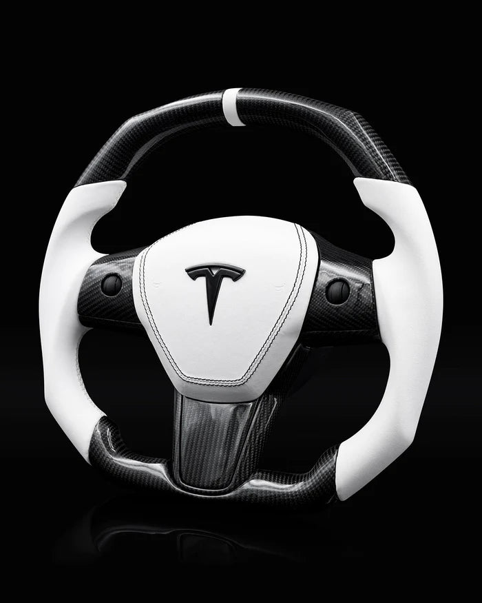 Sixth Element TESLA MODEL Y / MODEL 3 WHITE LEATHER FLAT BOTTOM STORMTROOPER GLOSS CARBON STEERING WHEEL - iCBL