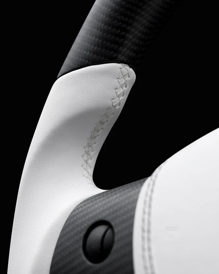 Sixth Element TESLA MODEL Y / MODEL 3 WHITE LEATHER FLAT BOTTOM STORMTROOPER GLOSS CARBON STEERING WHEEL - iCBL