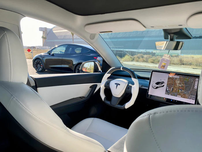 Sixth Element TESLA MODEL Y / MODEL 3 WHITE LEATHER FLAT BOTTOM STORMTROOPER GLOSS CARBON STEERING WHEEL - iCBL