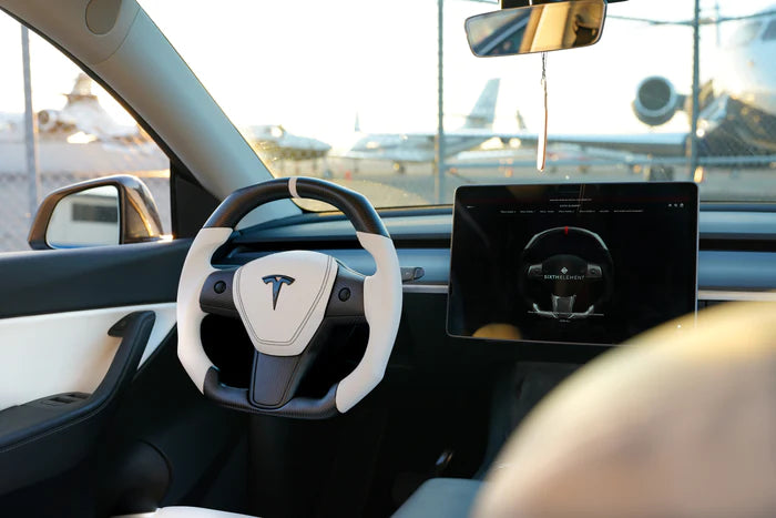 Sixth Element TESLA MODEL Y / MODEL 3 WHITE LEATHER FLAT BOTTOM STORMTROOPER GLOSS CARBON STEERING WHEEL - iCBL
