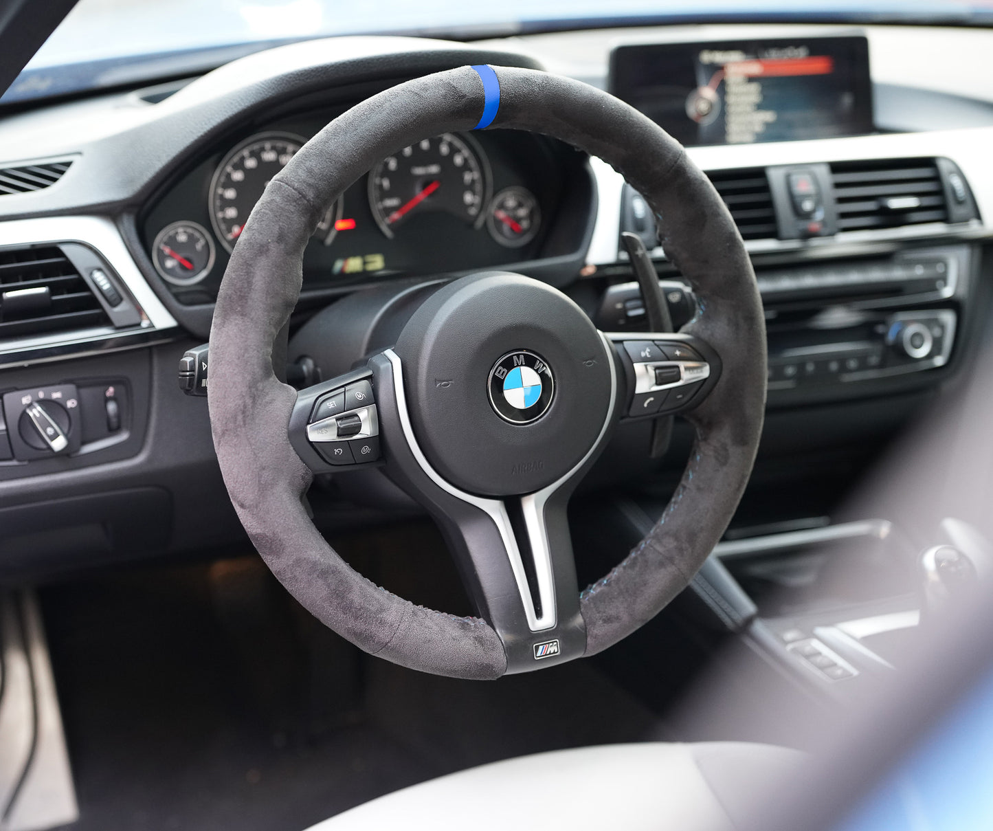 BMW F-Series Alcantara Suede Steering Wheel Cover DIY (Blue Stripe) - iCBL