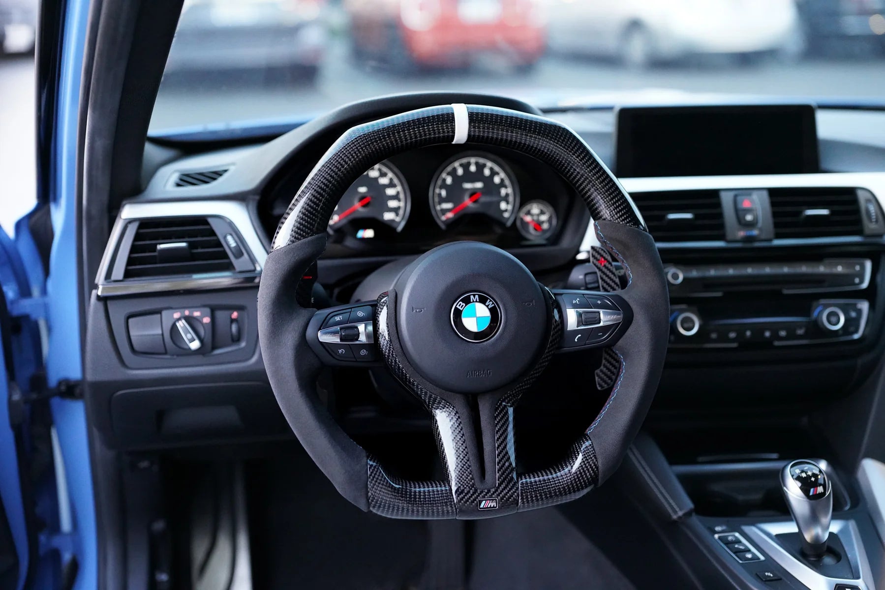 BMW Alcantara Flat Bottom White Stripe Gloss Carbon Fiber Steering Wheel for F Chassis- iCBL's Signature Design for F30 F32 F80 F82 M3 M4 M2 335i 340i 328i 440i 435i (Copy) - iCBL