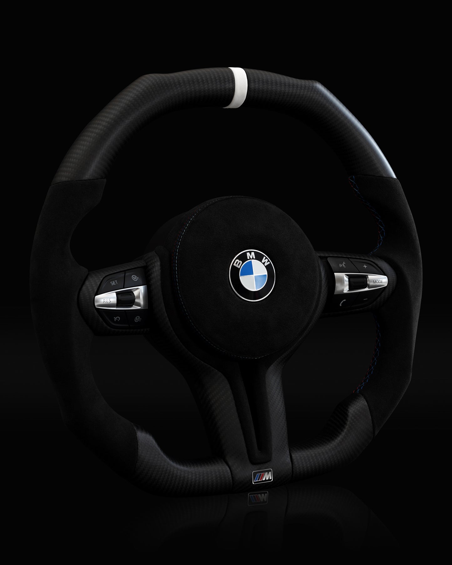 BMW Alcantara Flat Bottom White Stripe Dry Carbon Fiber Steering Wheel for F Chassis- iCBL's Signature Design for F30 F32 F80 F82 M3 M4 M2 335i 340i 328i 440i 435i - iCBL