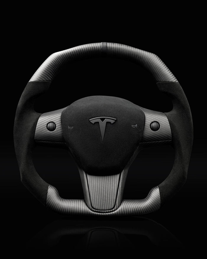 Sixth Element TESLA MODEL Y / MODEL 3 ALCANTARA FLAT BOTTOM VANTABLACK DRY CARBON STEERING WHEEL - iCBL