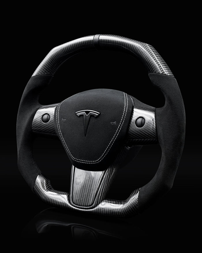 Sixth Element TESLA MODEL Y / MODEL 3 ALCANTARA FLAT BOTTOM VANTABLACK DRY CARBON STEERING WHEEL - iCBL