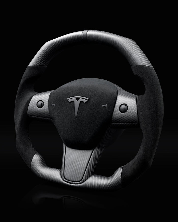 Sixth Element TESLA MODEL Y / MODEL 3 ALCANTARA FLAT BOTTOM VANTABLACK DRY CARBON STEERING WHEEL - iCBL