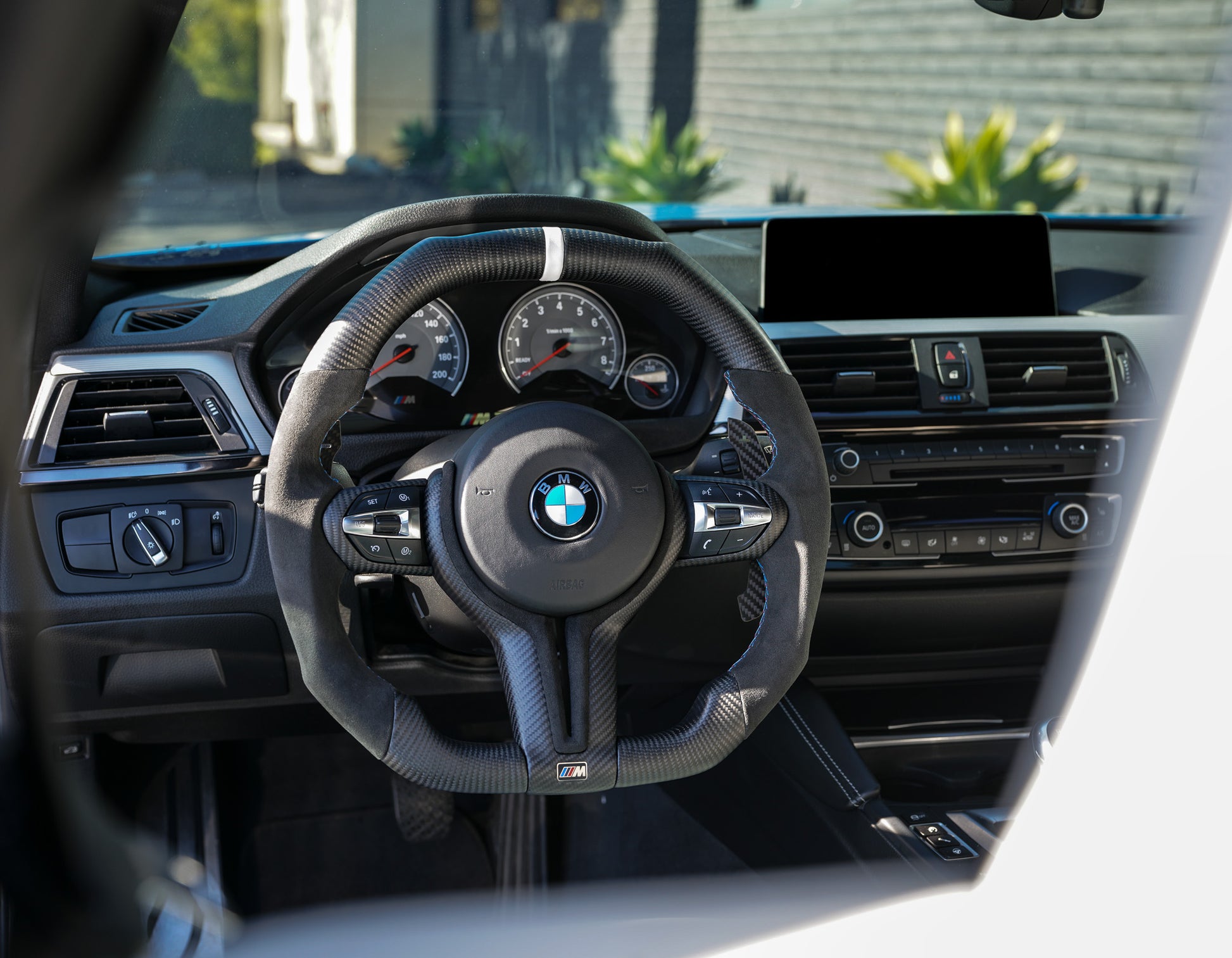 BMW Alcantara Flat Bottom White Stripe Dry Carbon Fiber Steering Wheel –  iCBL