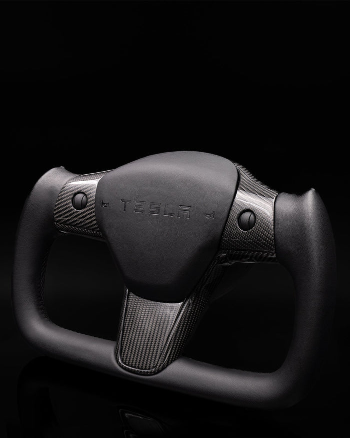 Sixth Element TESLA MODEL Y / MODEL 3 BLACK LEATHER DRY CARBON PLAID STYLE YOKE STEERING WHEEL - iCBL