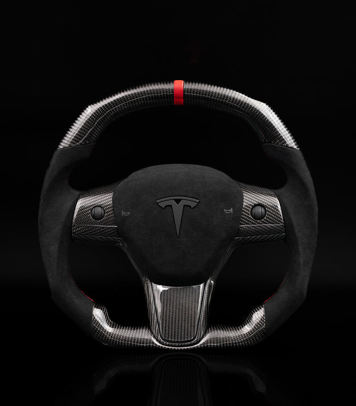 Sixth Element TESLA MODEL Y / MODEL 3 ALCANTARA FLAT BOTTOM SUPERNOVA GLOSS CARBON STEERING WHEEL - iCBL