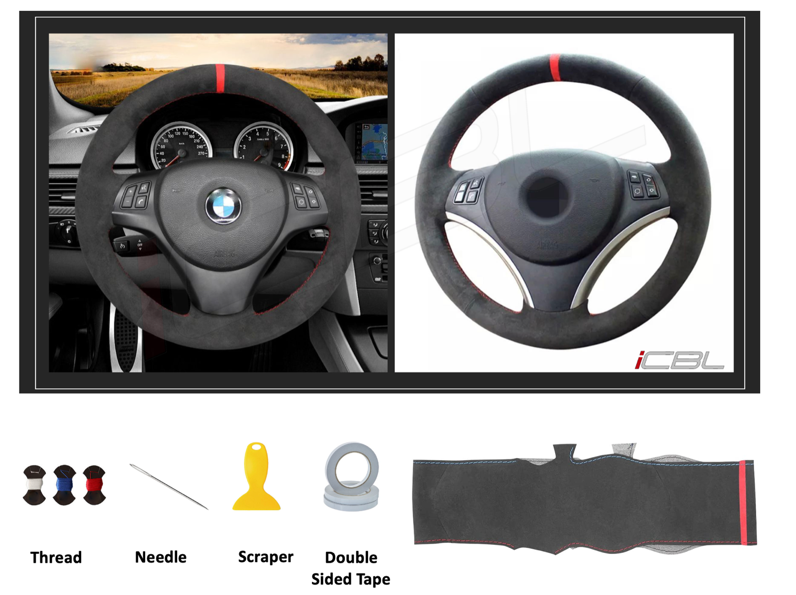 Custom Black Leather Suede Steering Wheel Cover for BMW 3 Series E90 E91  E92 E93